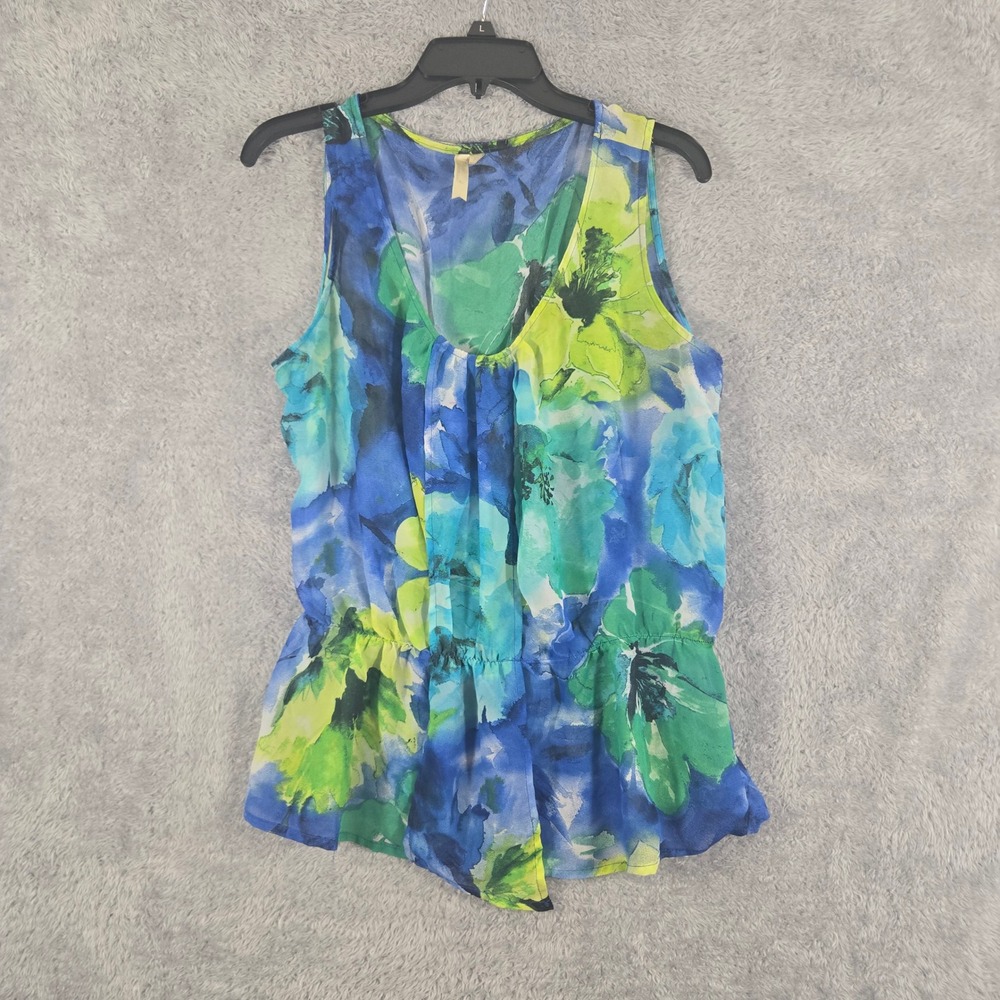 Chenault Womens XL Blue Green Floral Watercolor Sleeveless Elastic Waist Blouse